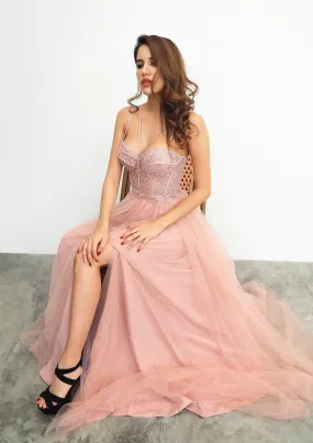 Muted pink tulle dress with slit for hire