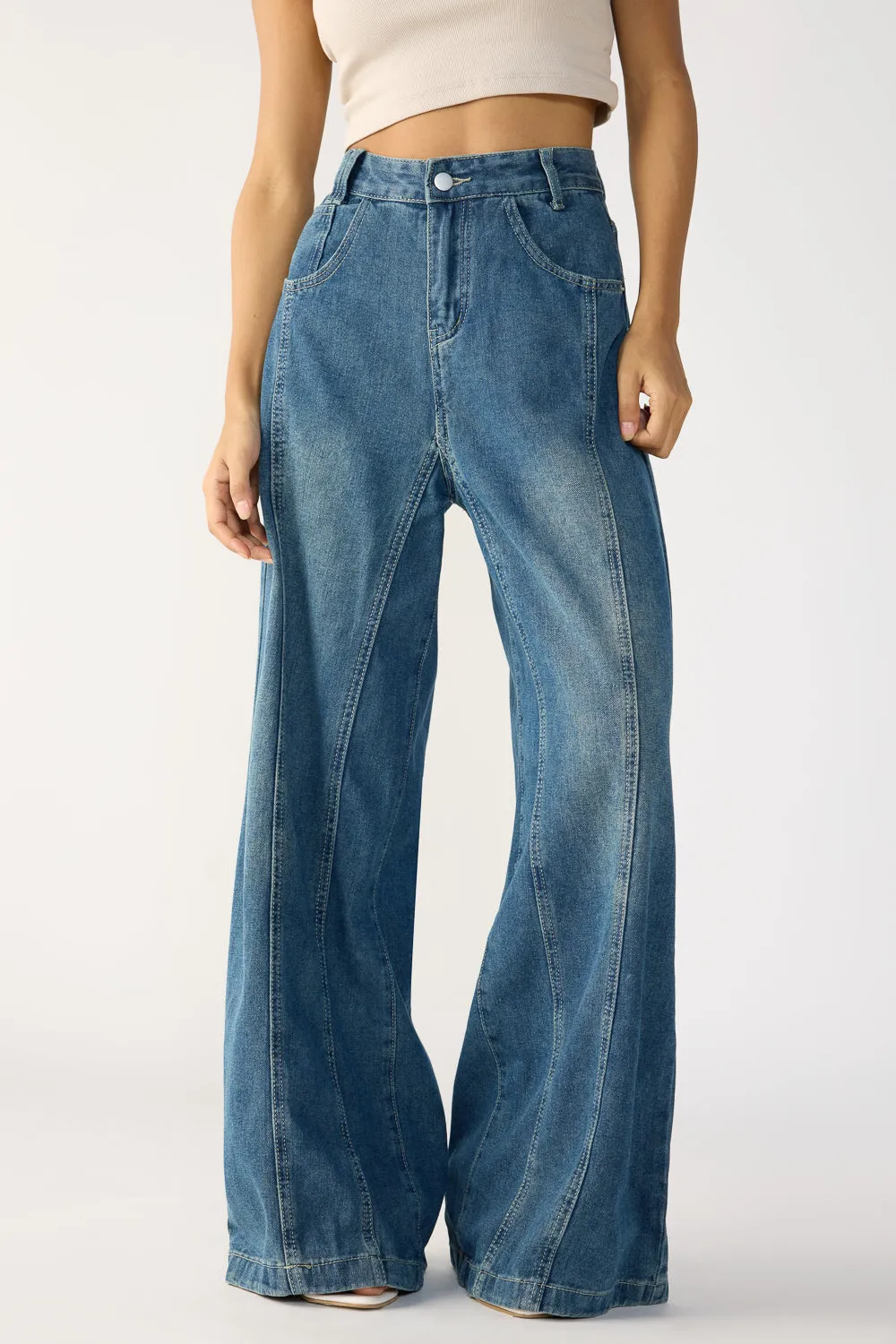 Navy Blue Denim Flared Korean Pants