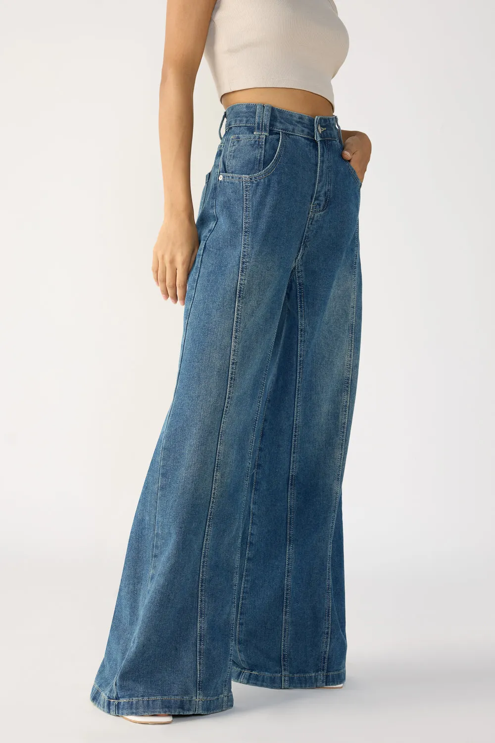 Navy Blue Denim Flared Korean Pants