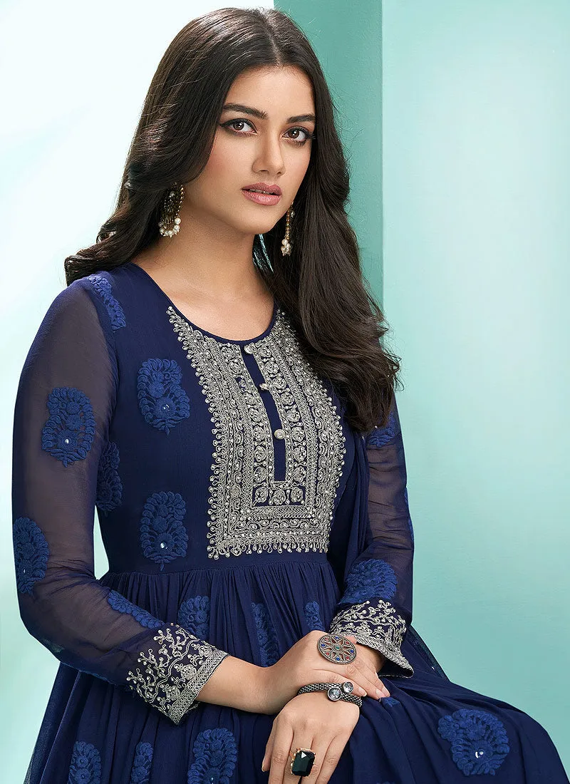 Navy Blue Lucknowi Zari Embroidered Designer Anarkali Suit