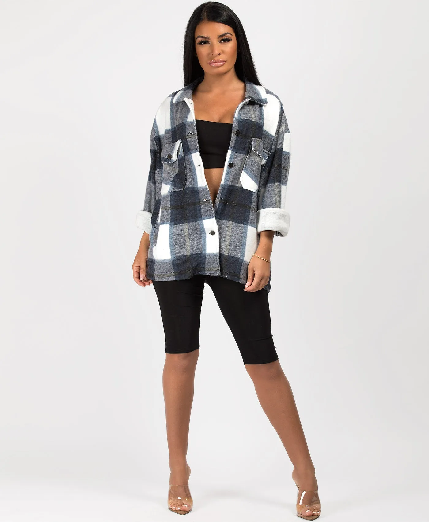 Navy Fleece Oversized Check Shirt Shacket