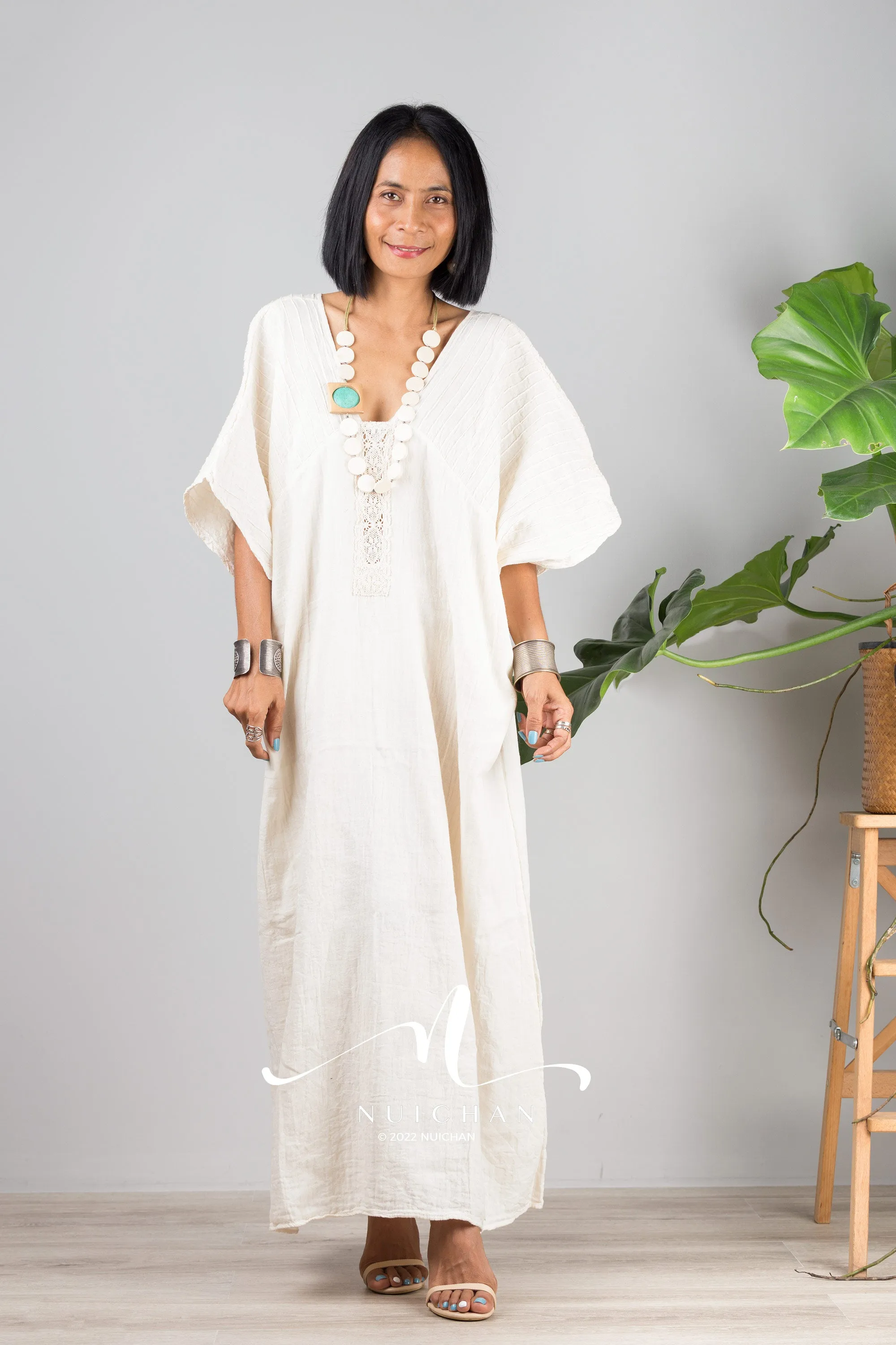 Off white cotton kaftan dress