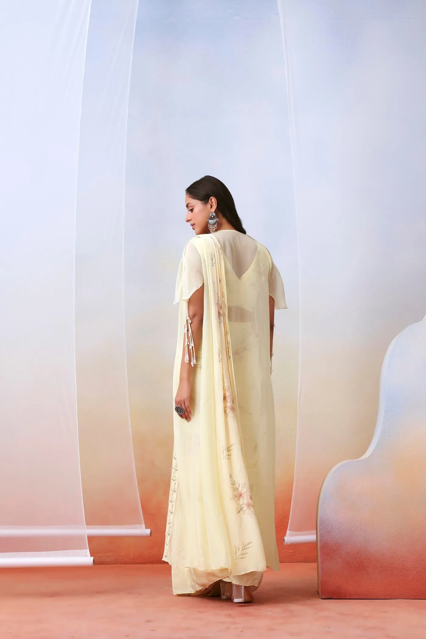 Off white printed pre stitched  saree with embroidered cape