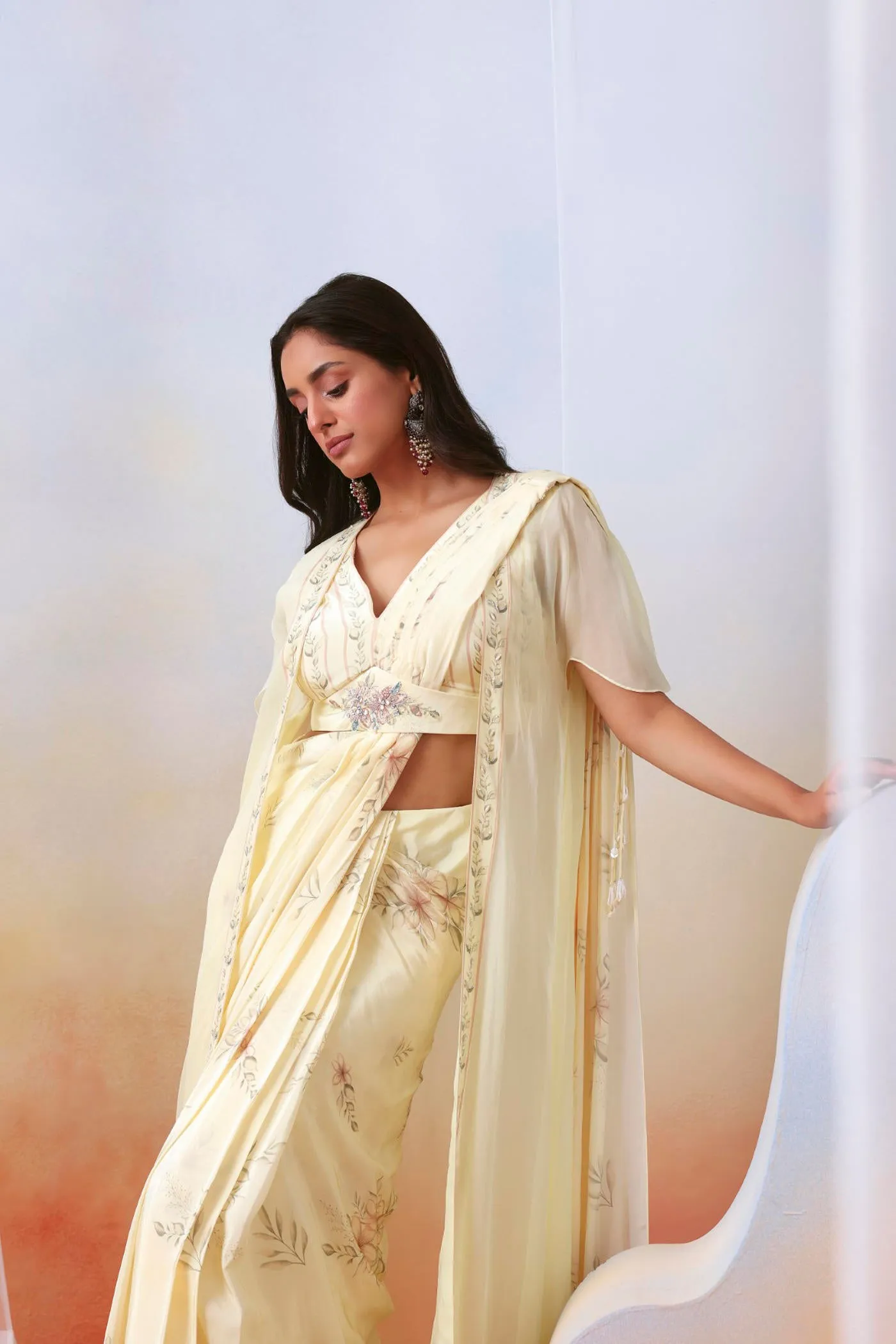 Off white printed pre stitched  saree with embroidered cape