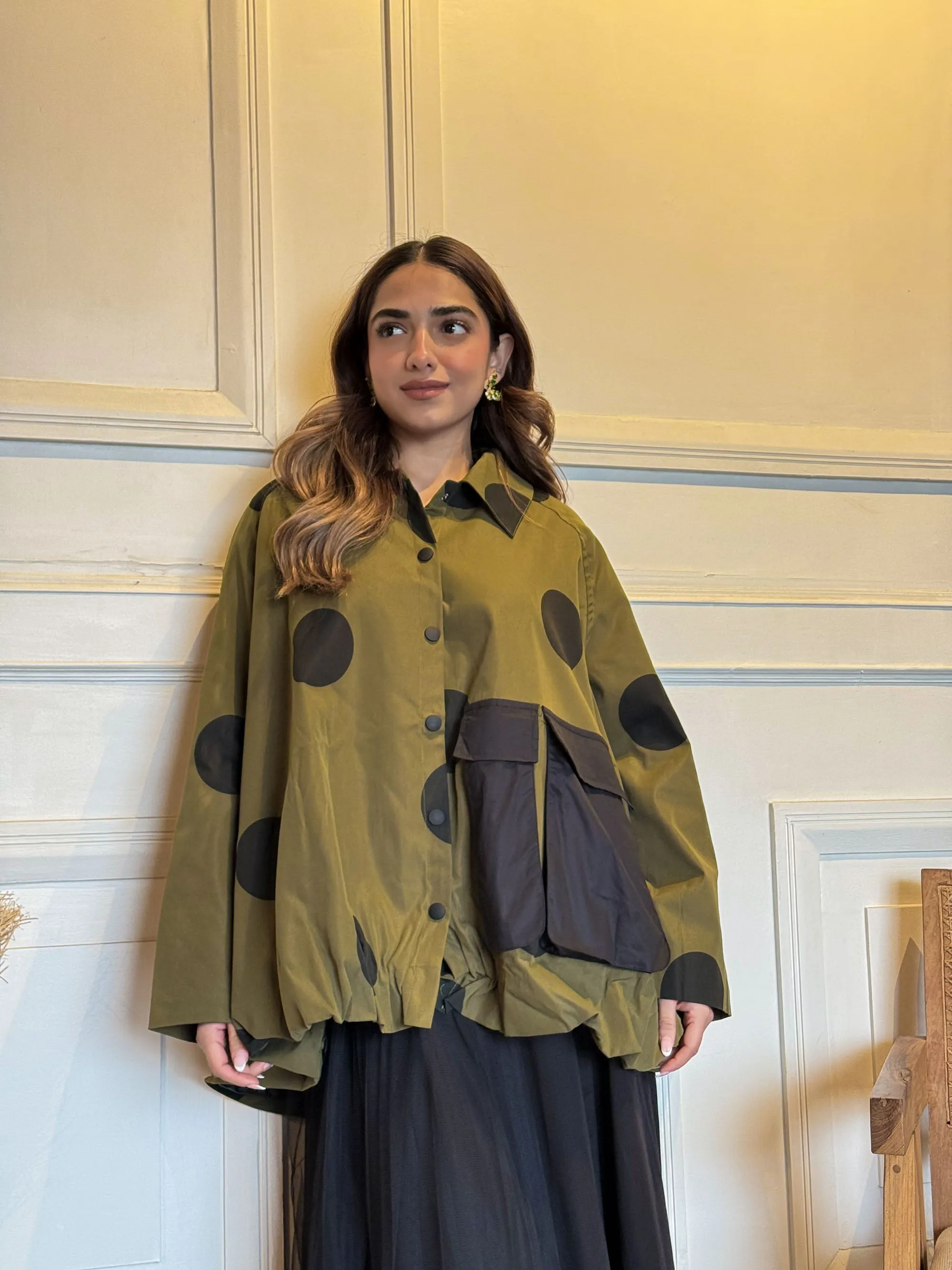 Olive Jacket With Black Polka Dot