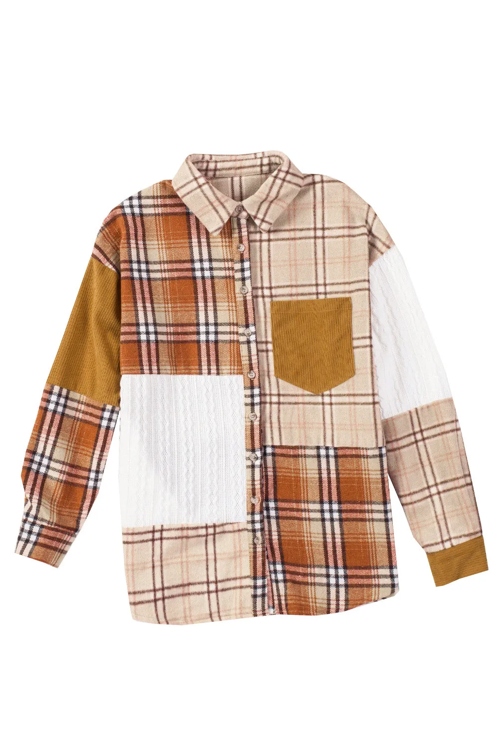 Orange Plaid Color Block Patchwork Pocket Shirt Shacket