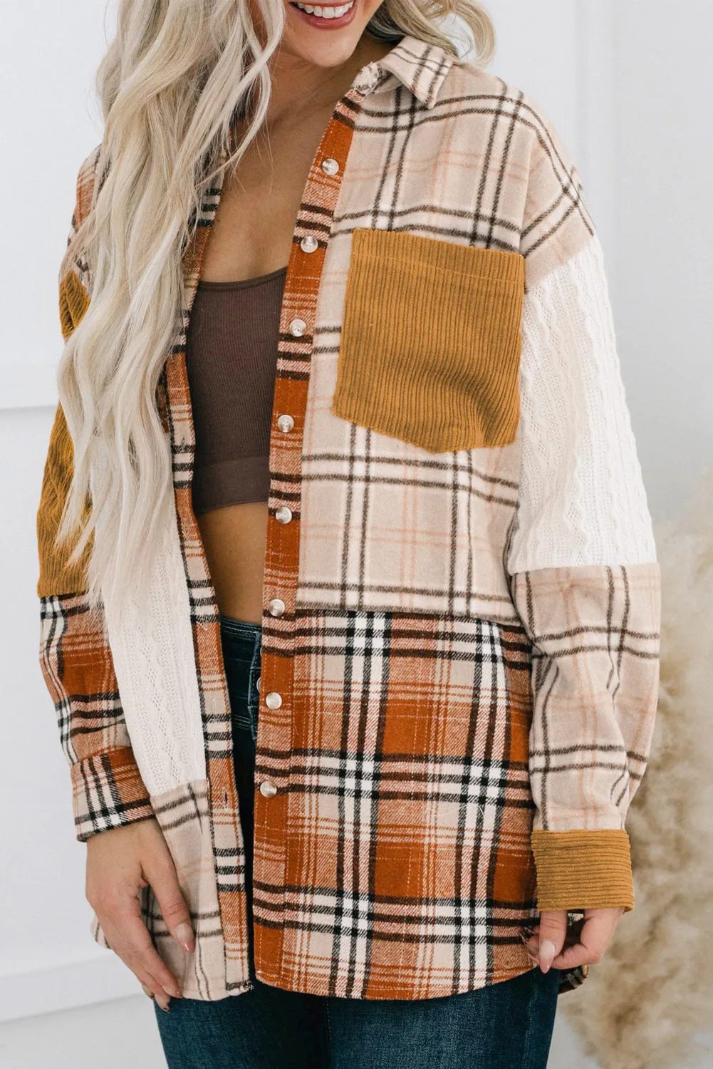 Orange Plaid Color Block Patchwork Pocket Shirt Shacket