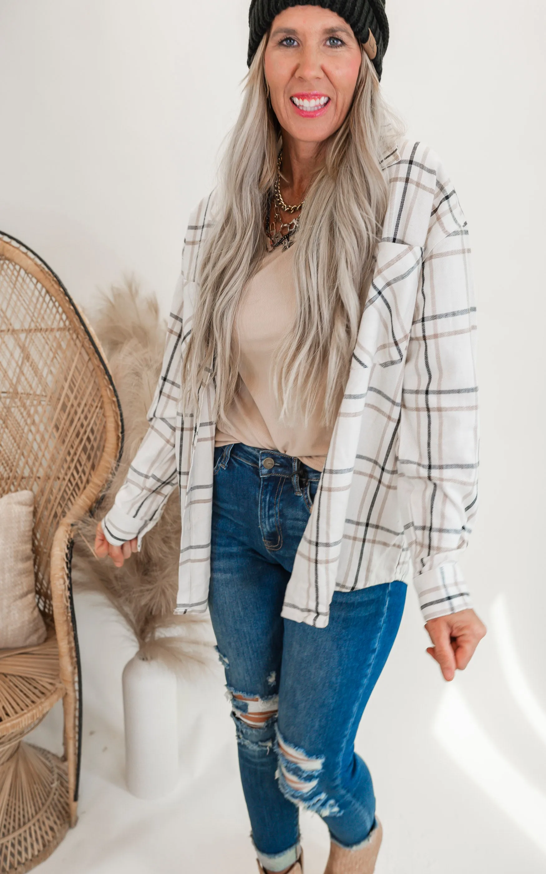 Oversized Plaid Linen Blend Shirt