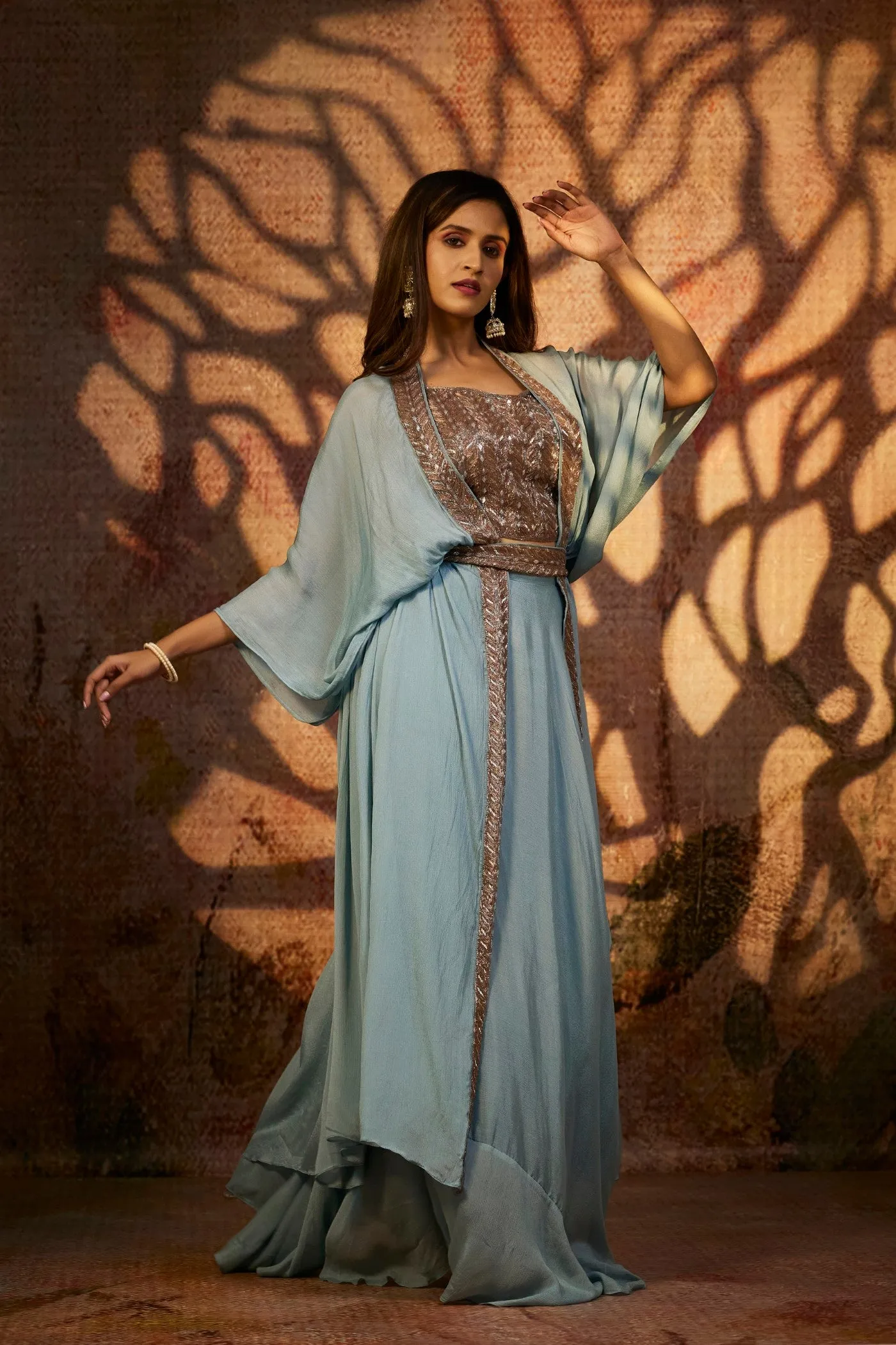 Pastel Blue Pure Chinnon Silk Plazzo Set with Cape