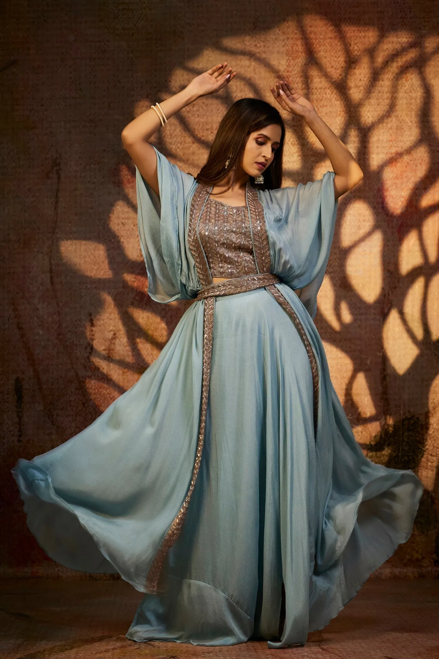 Pastel Blue Pure Chinnon Silk Plazzo Set with Cape