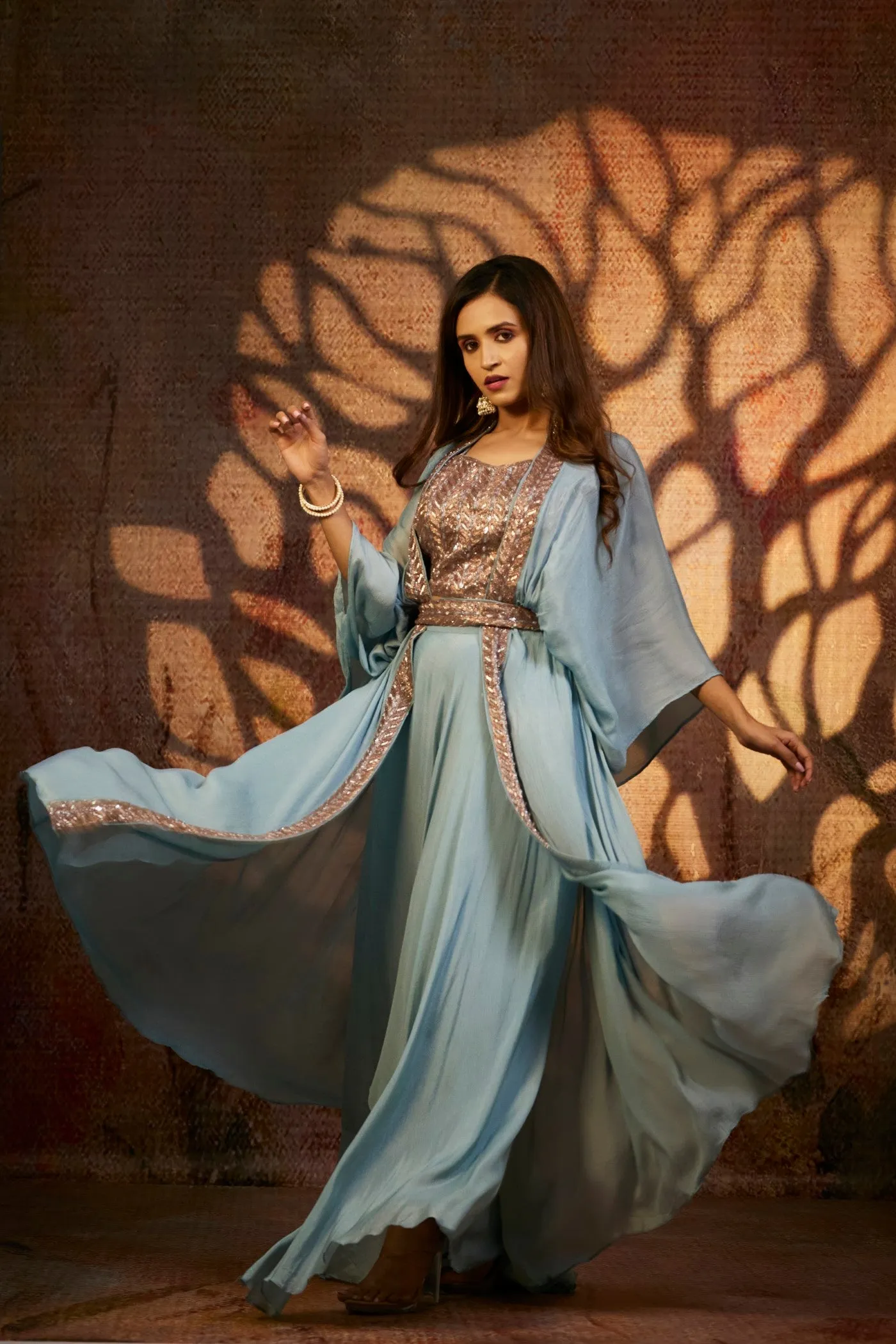 Pastel Blue Pure Chinnon Silk Plazzo Set with Cape