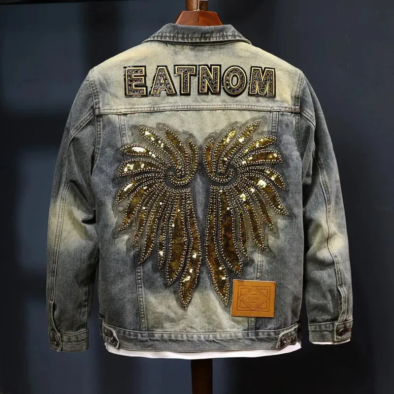 Patchwork Wing Sequin Denim Jacket