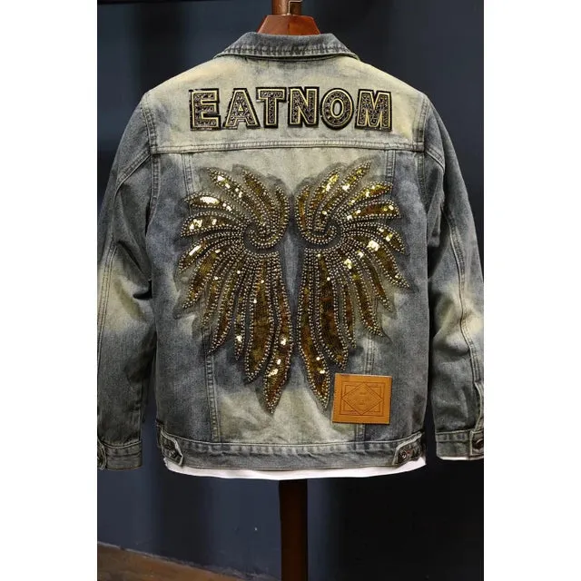 Patchwork Wing Sequin Denim Jacket