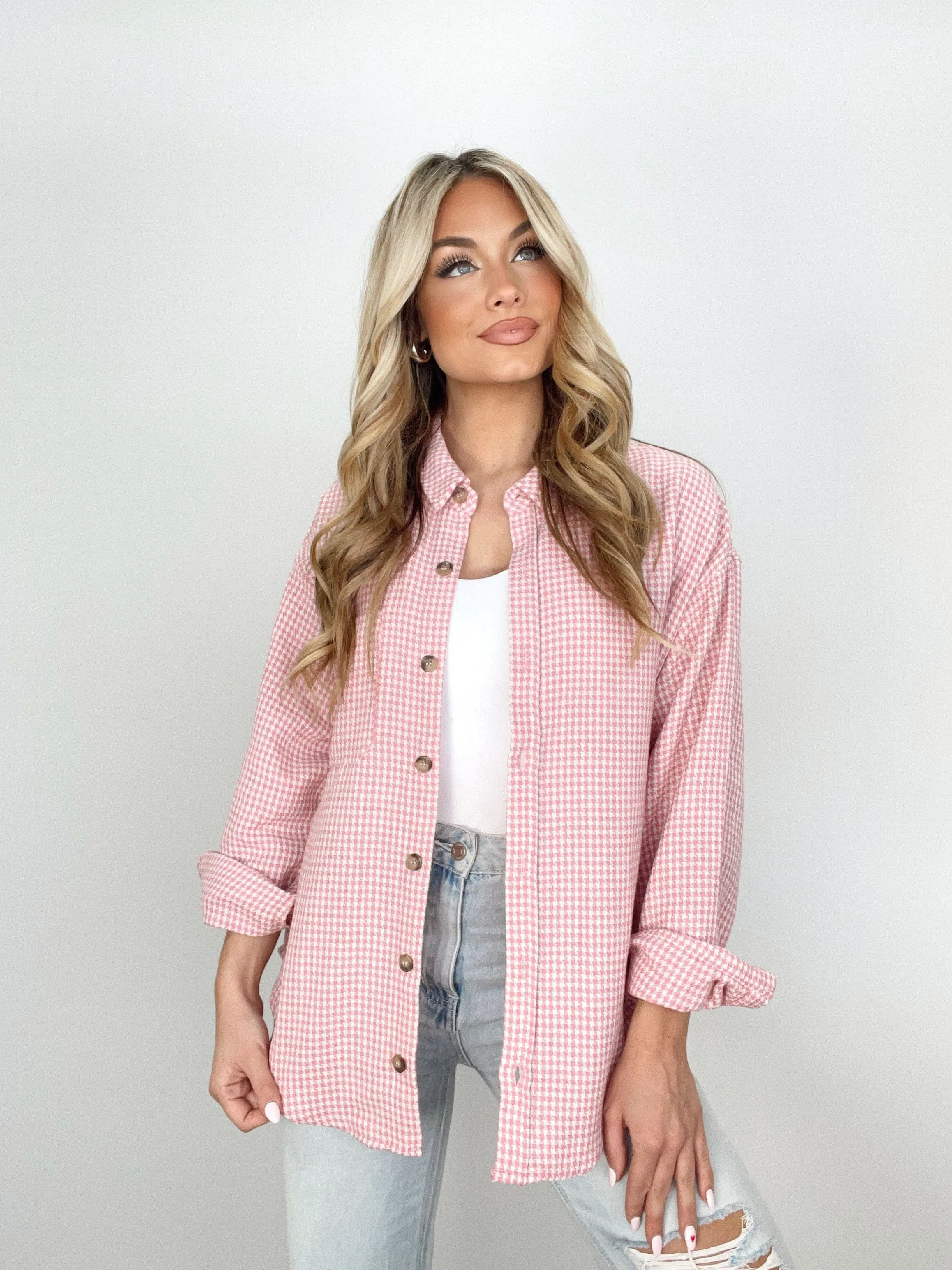 Pink Houndstooth Shacket