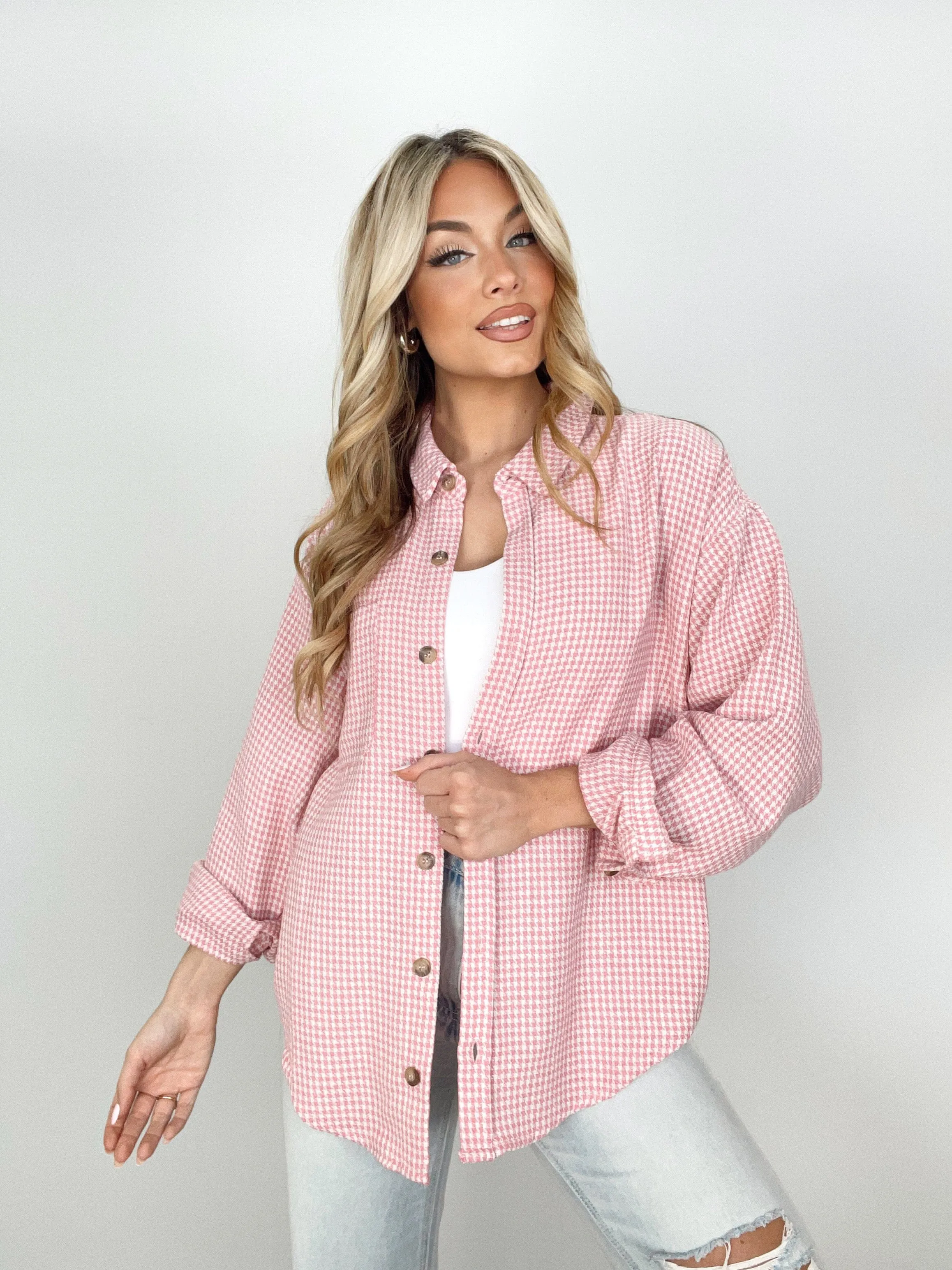 Pink Houndstooth Shacket