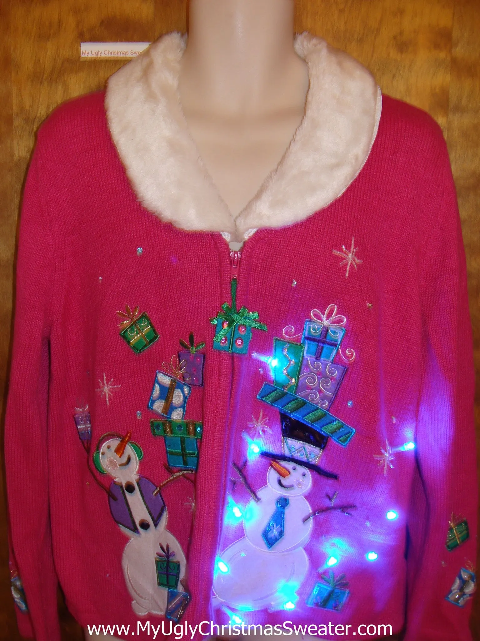 Pink Light Up Ugly Xmas Sweater with Furry Collar