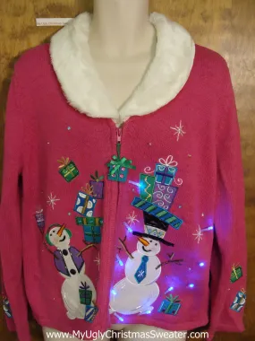 Pink Light Up Ugly Xmas Sweater with Furry Collar