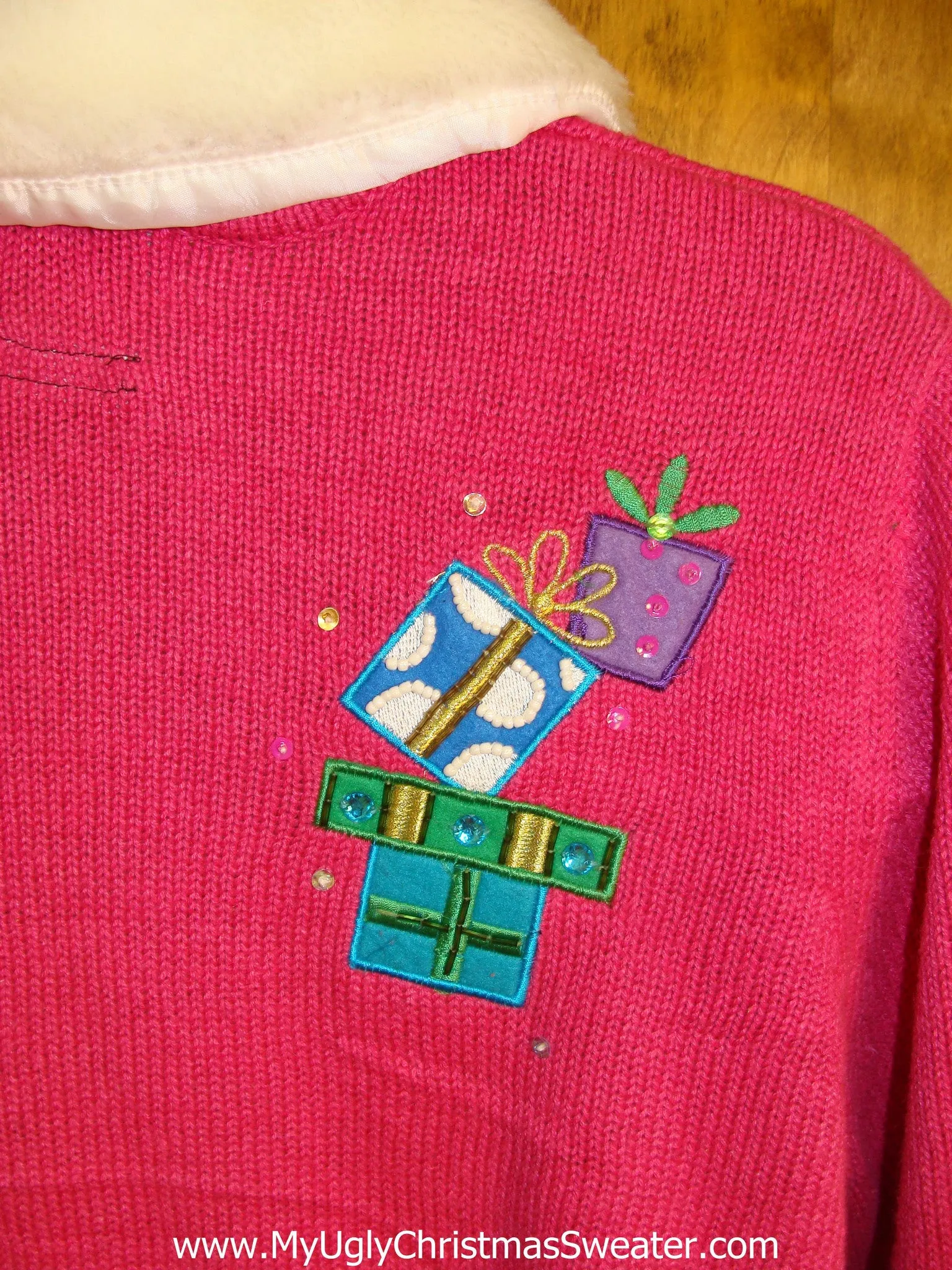 Pink Light Up Ugly Xmas Sweater with Furry Collar