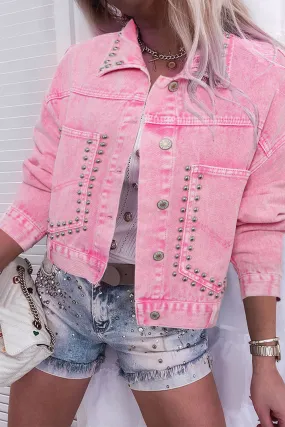 Pink Rivet Studded Pocketed Denim Jacket