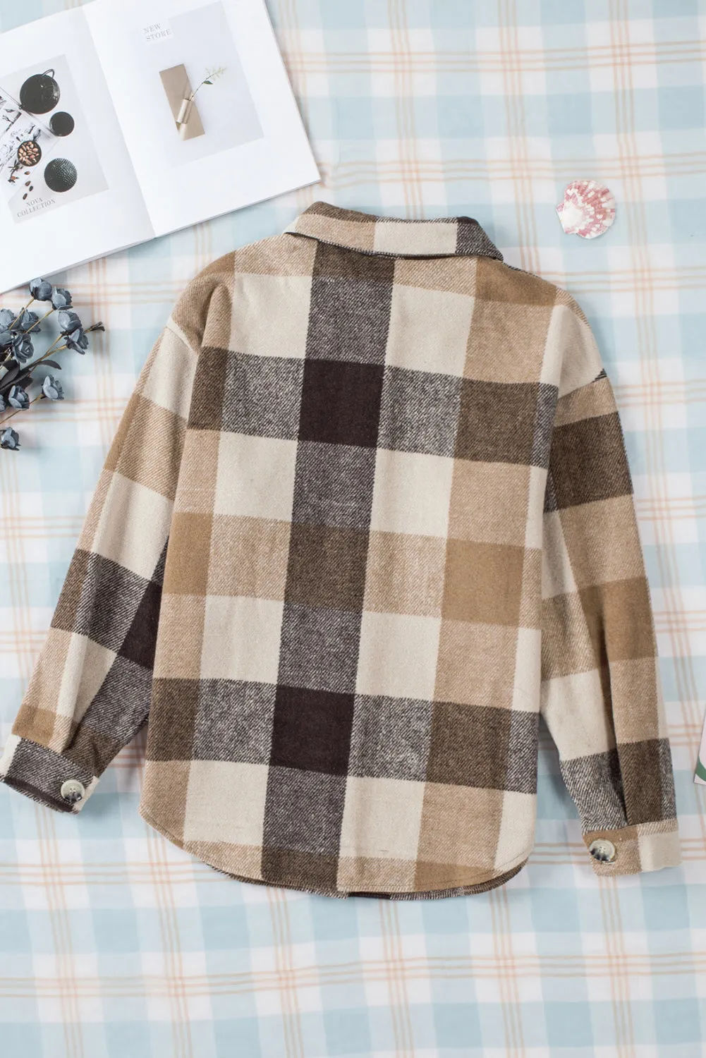 Plaid Color Block Buttoned Pocket Long Sleeve Shacket