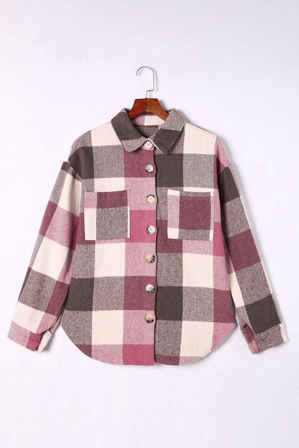 Plaid Color Block Buttoned Pocket Long Sleeve Shacket