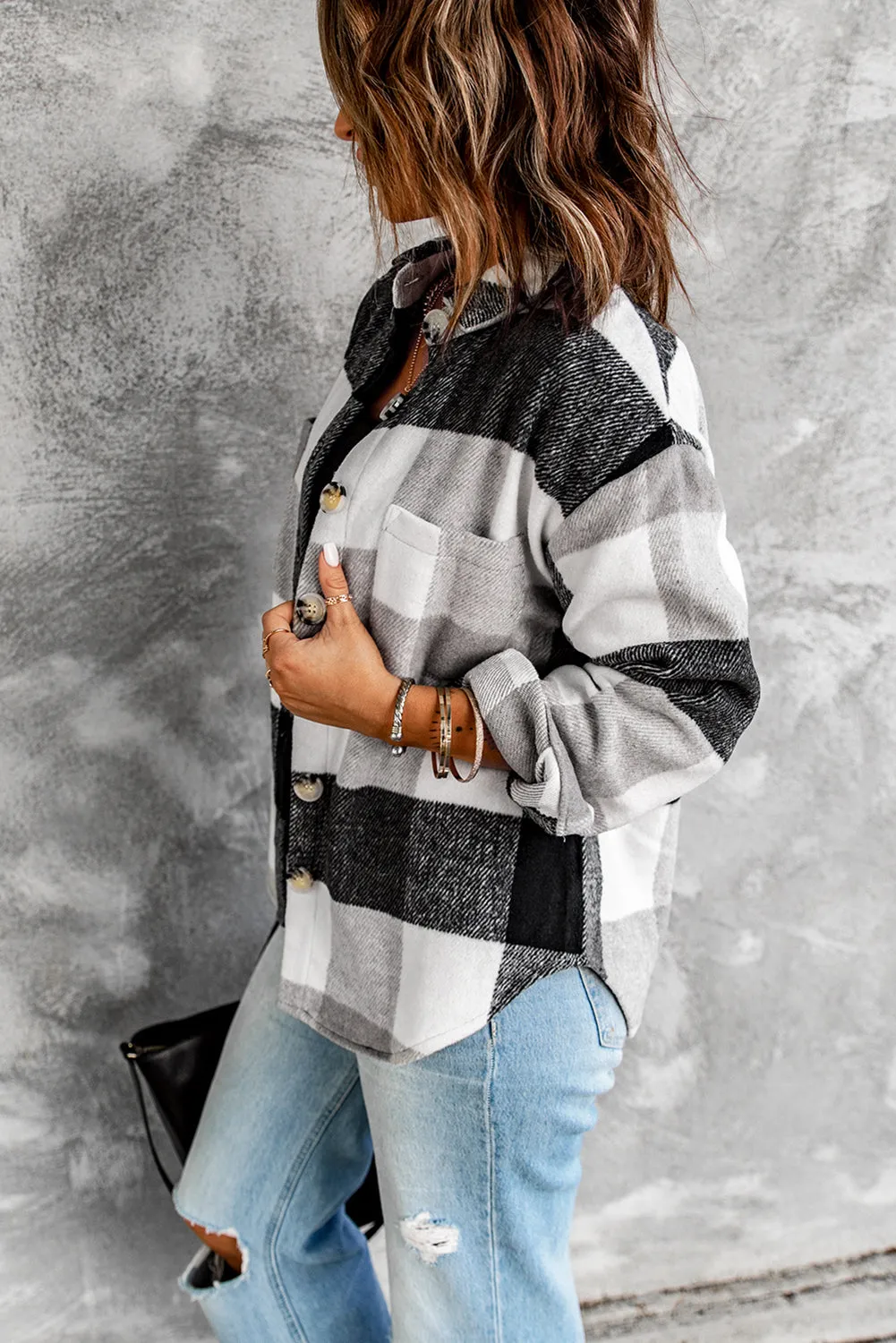 Plaid Color Block Buttoned Pocket Long Sleeve Shacket