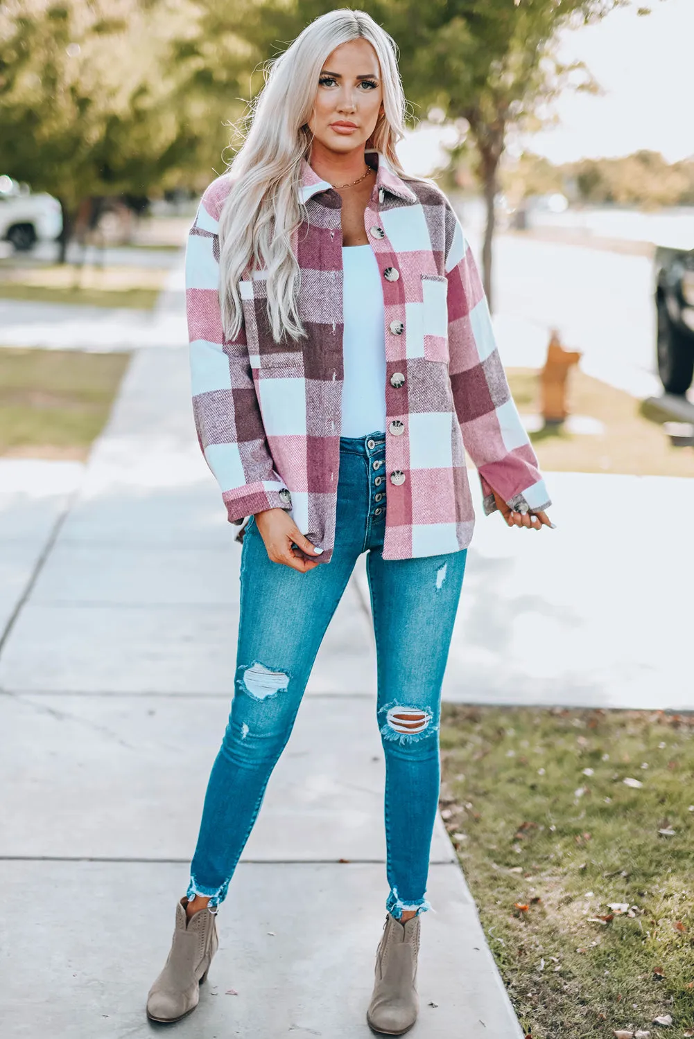 Plaid Colour Block Buttoned Long Sleeve Jacket with Pocket