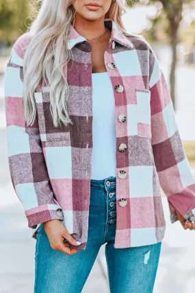 Plaid Colour Block Buttoned Long Sleeve Jacket with Pocket