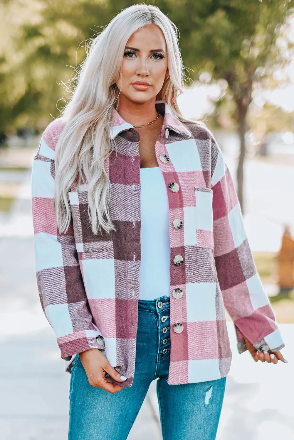 Plaid Colour Block Buttoned Long Sleeve Jacket with Pocket