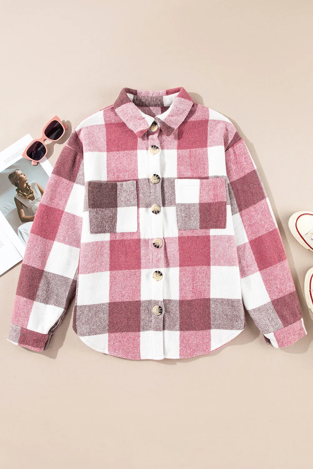 Plaid Colour Block Buttoned Long Sleeve Jacket with Pocket