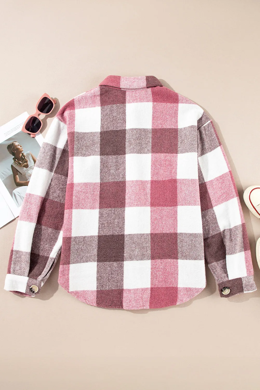 Plaid Colour Block Buttoned Long Sleeve Jacket with Pocket