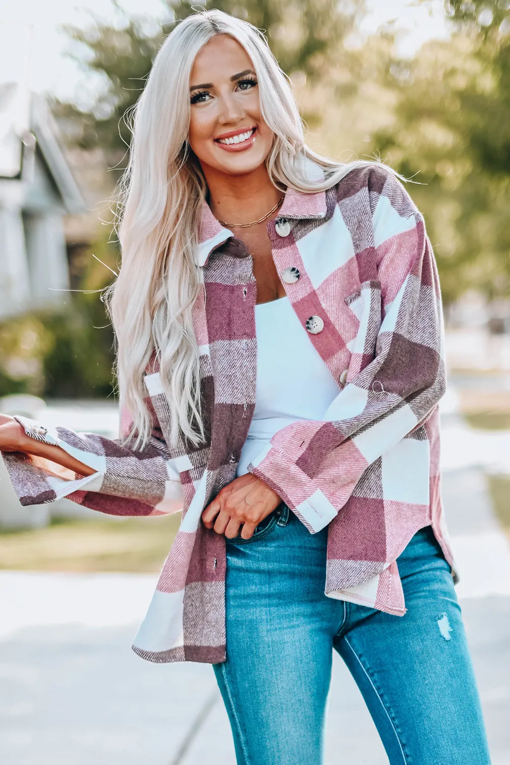 Plaid Colour Block Buttoned Long Sleeve Jacket with Pocket