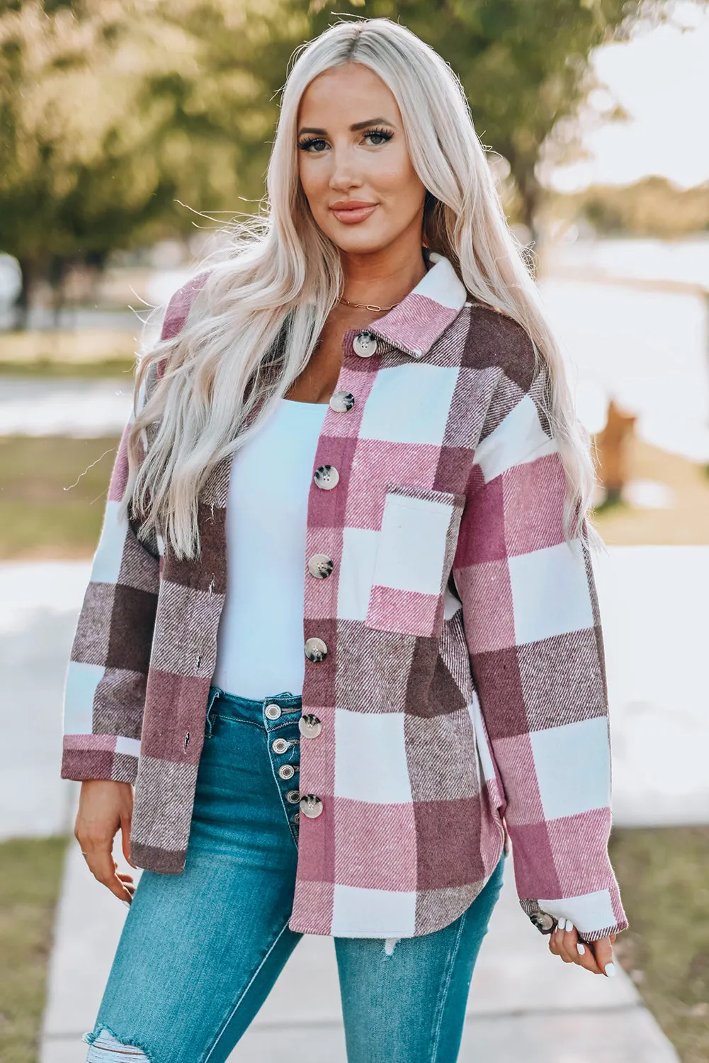 Plaid Colour Block Buttoned Long Sleeve Jacket with Pocket