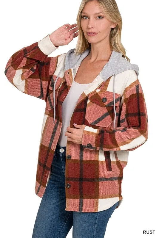 Plaid Drawstring Hooded Fleece Shacket