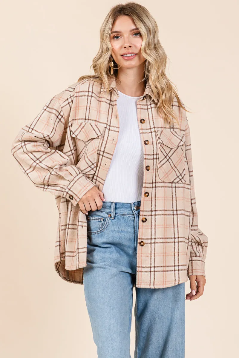 Plaid Long Sleeve Button Up Flannel Shacket Jacket