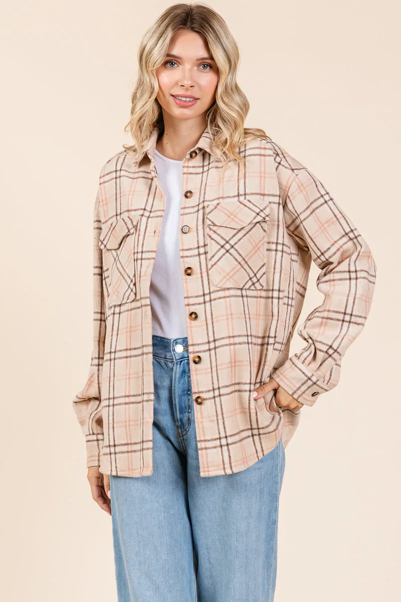 Plaid Long Sleeve Button Up Flannel Shacket Jacket