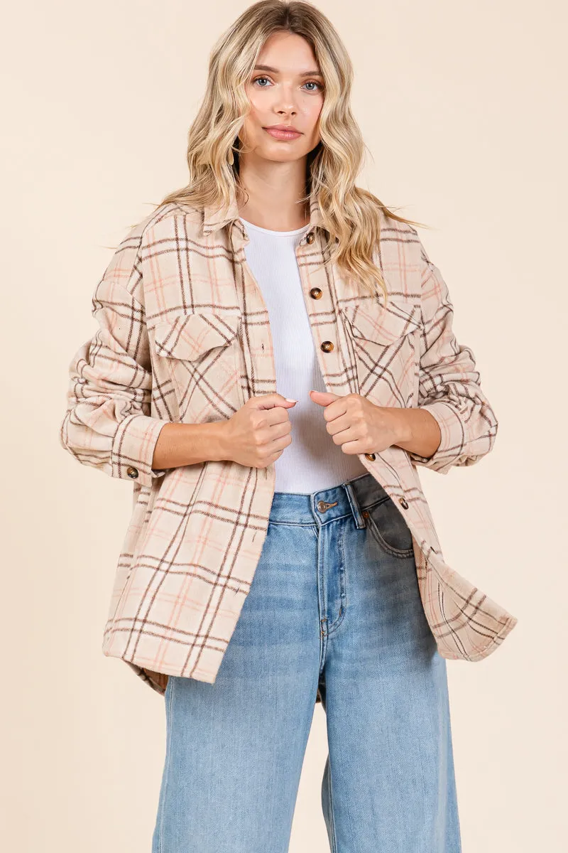 Plaid Long Sleeve Button Up Flannel Shacket Jacket