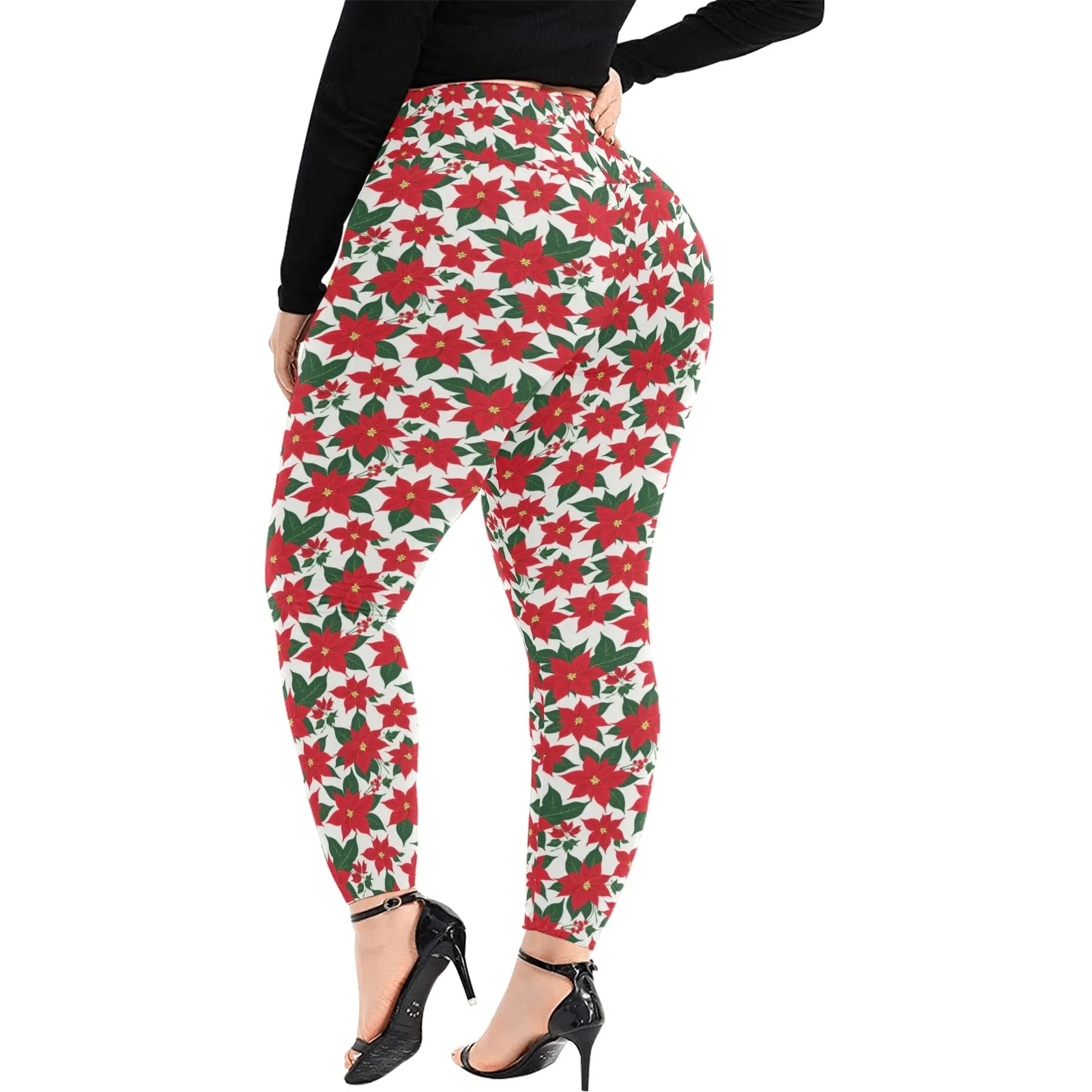 Poinsettia Flora Women's Plus Size High Waited Leggings Women's High Waist Leggings(Plus Size)(ModelL45)