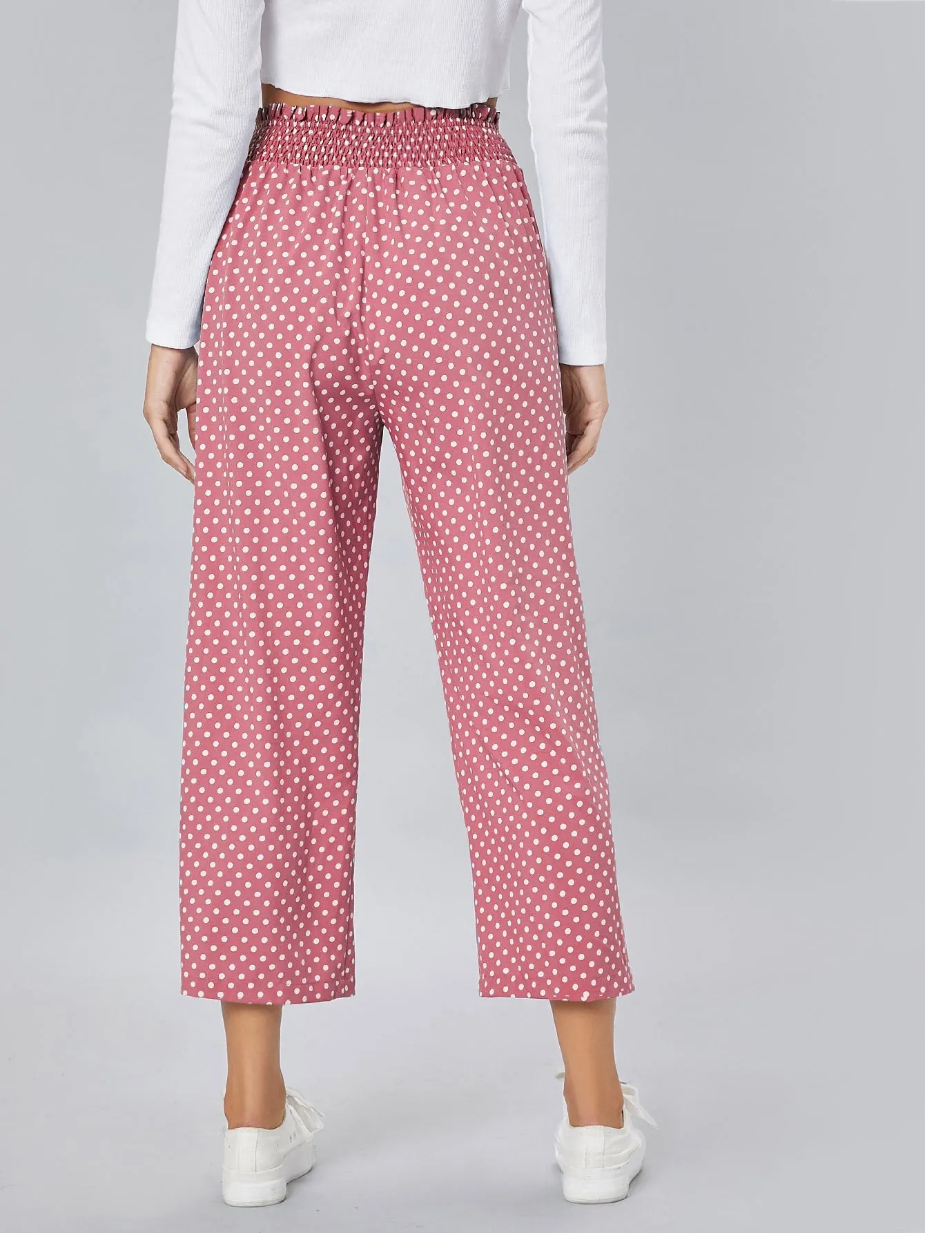 Polka Dot Shirred Waist Palazzo High Waist Pants