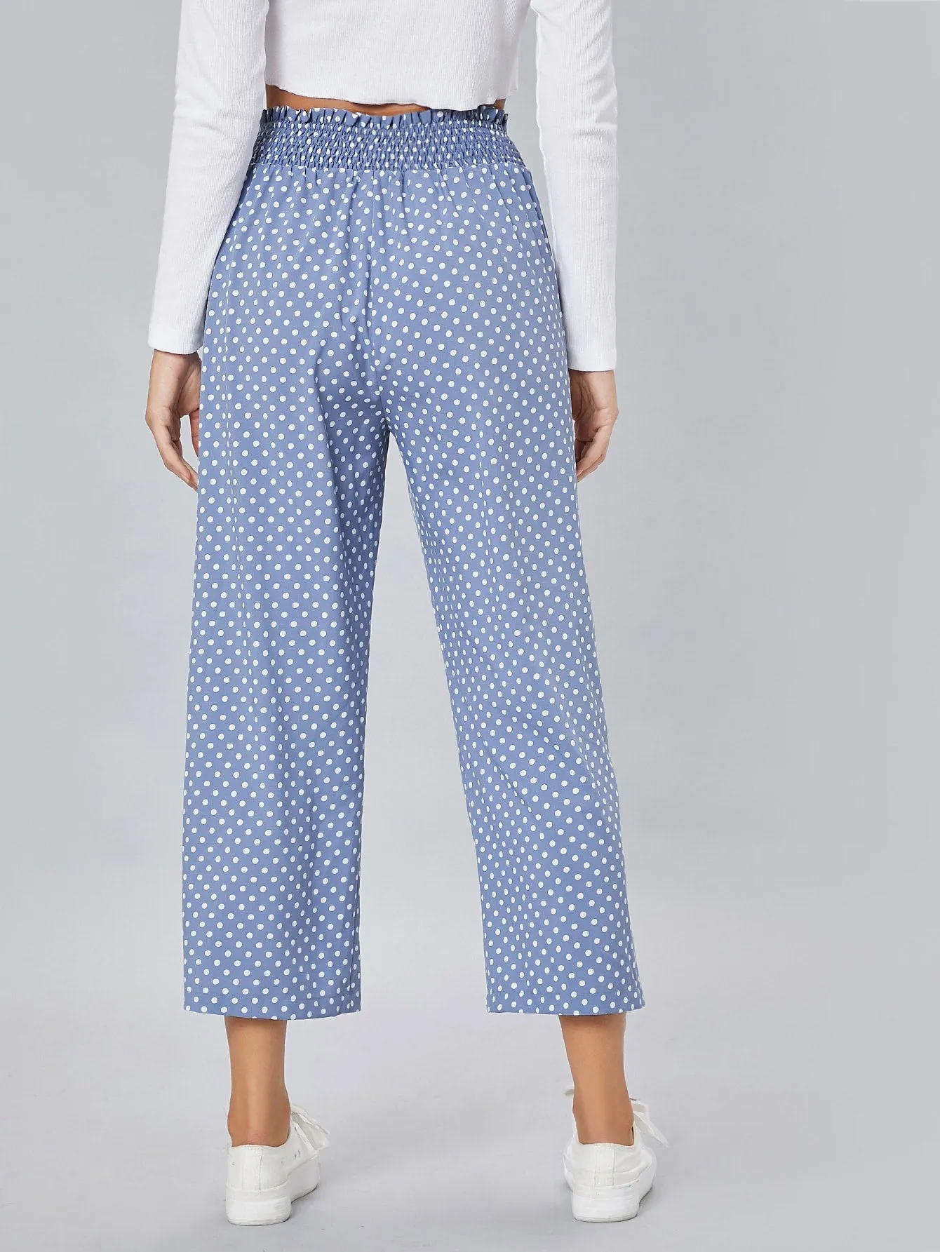 Polka Dot Shirred Waist Palazzo High Waist Pants