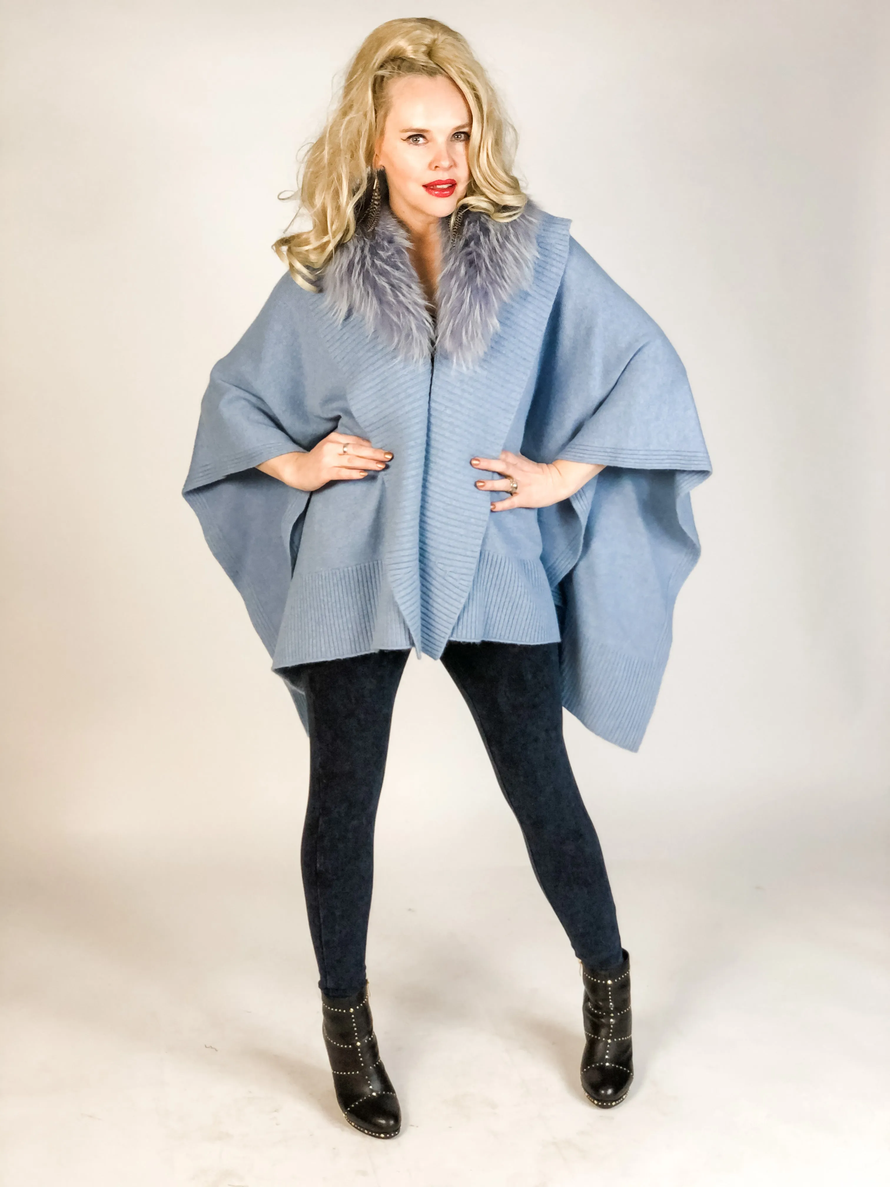 Premium Cashmere Cape with Fur Collar