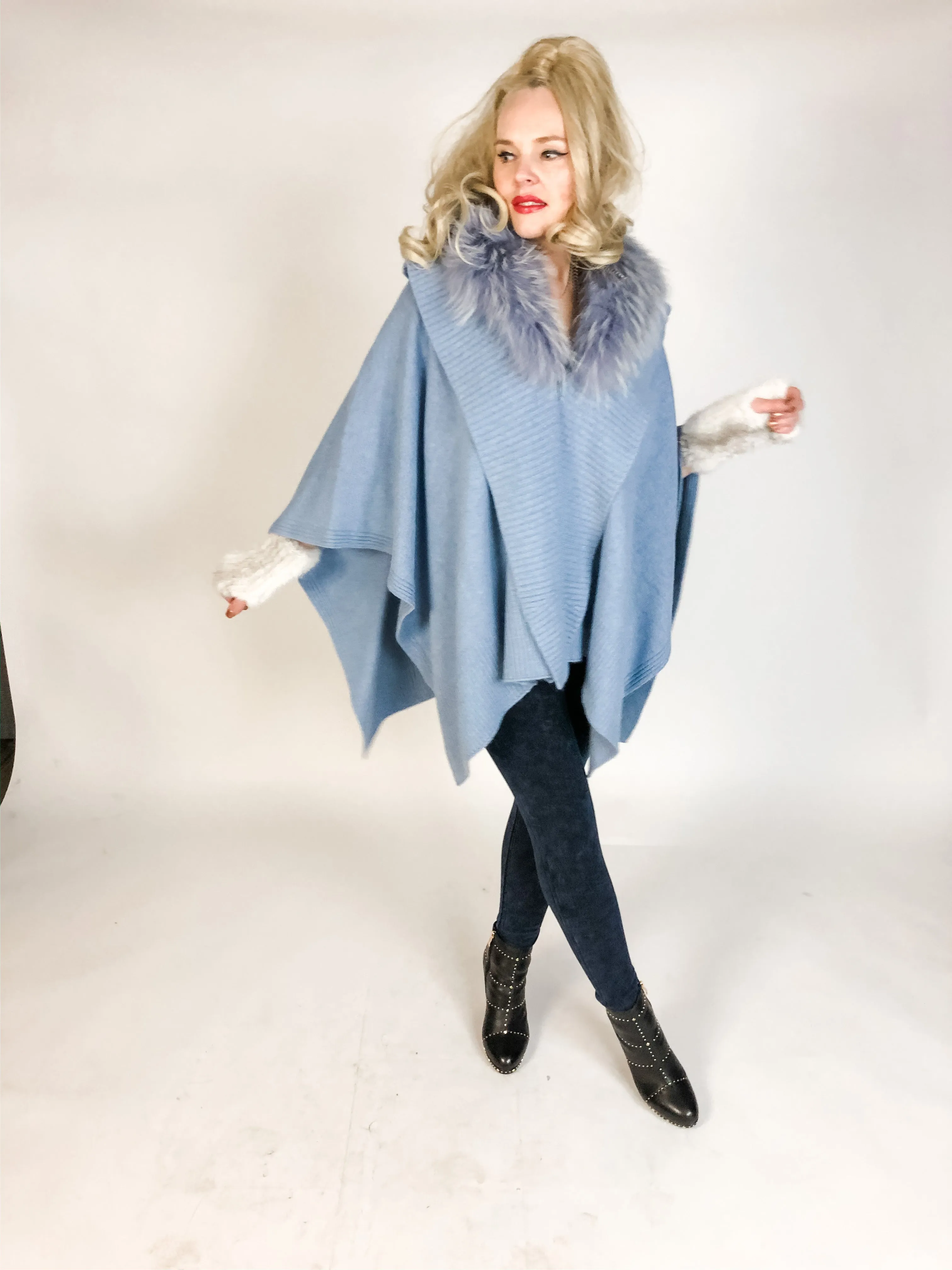 Premium Cashmere Cape with Fur Collar