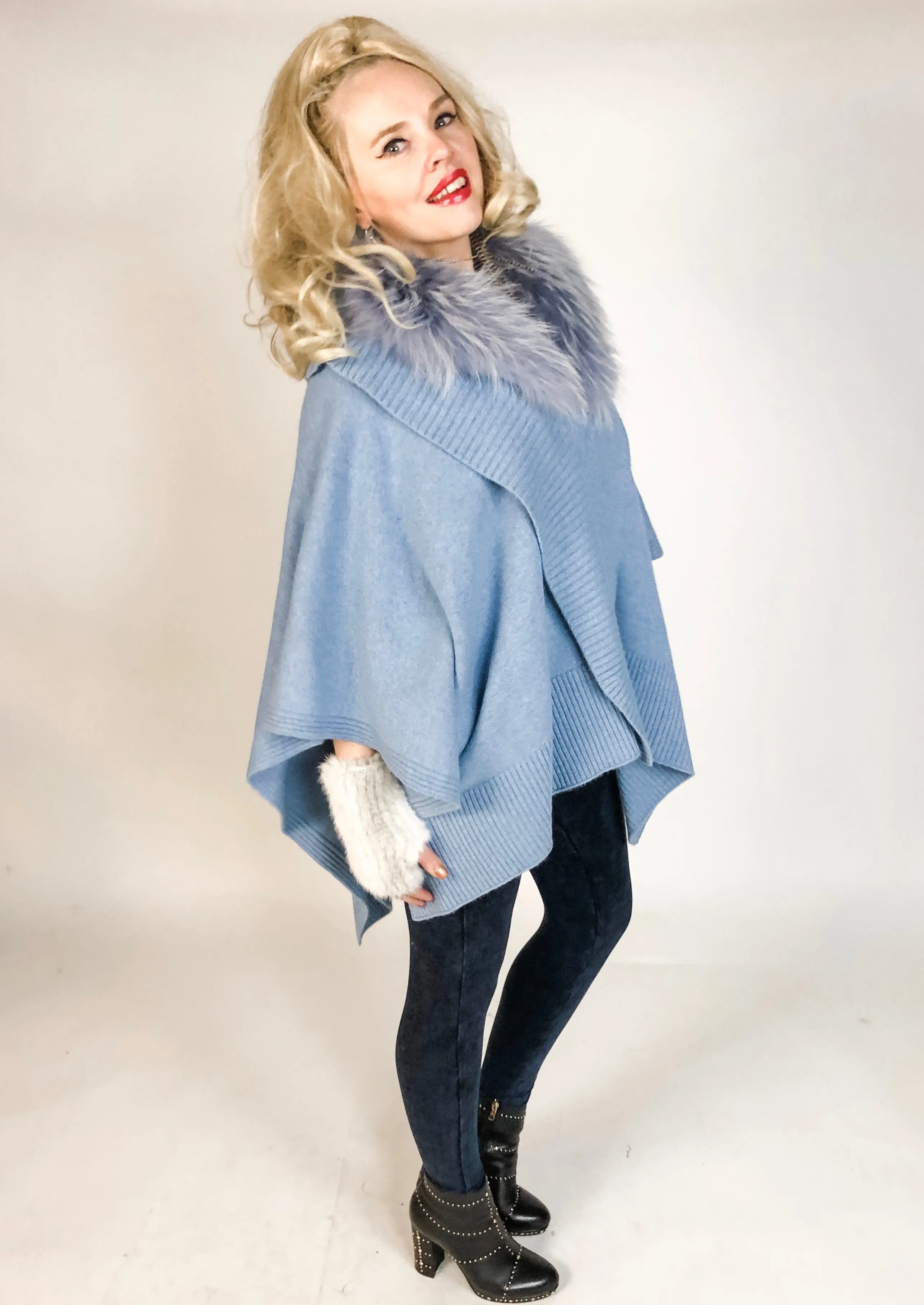 Premium Cashmere Cape with Fur Collar