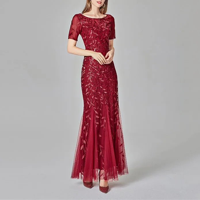 Premium flroal sequins mesh patchwork short sleeves mermaid maxi dress | Luxury evening gowns cocktail party dress