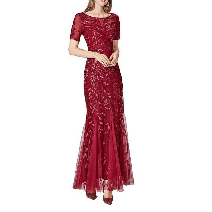 Premium flroal sequins mesh patchwork short sleeves mermaid maxi dress | Luxury evening gowns cocktail party dress