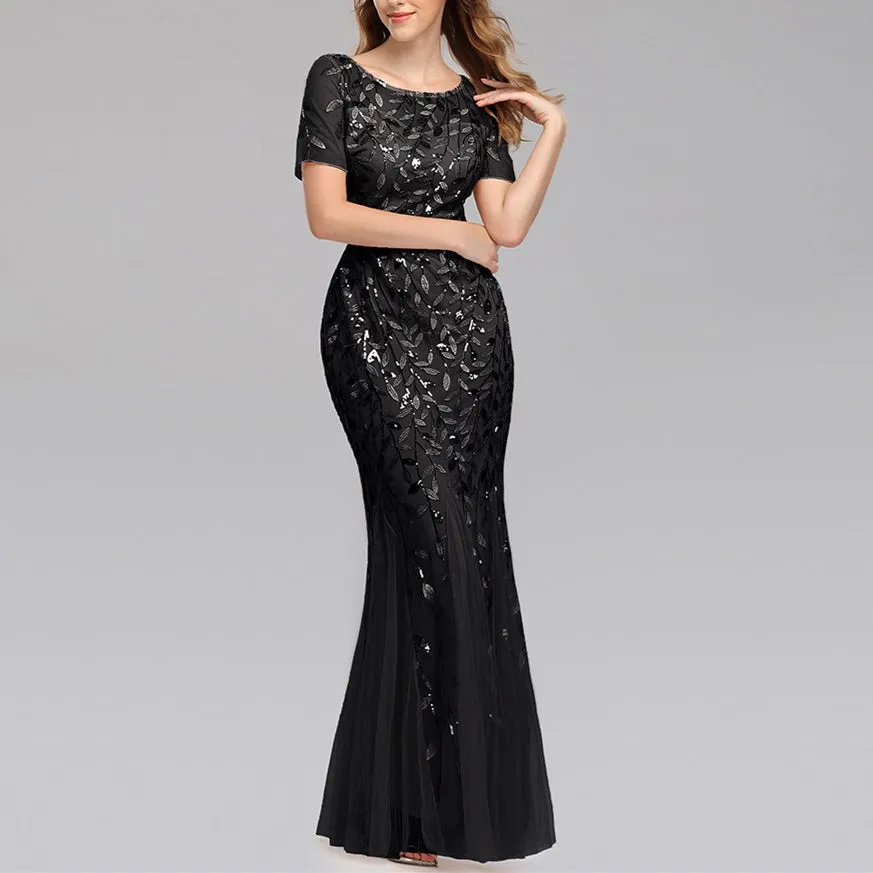 Premium flroal sequins mesh patchwork short sleeves mermaid maxi dress | Luxury evening gowns cocktail party dress