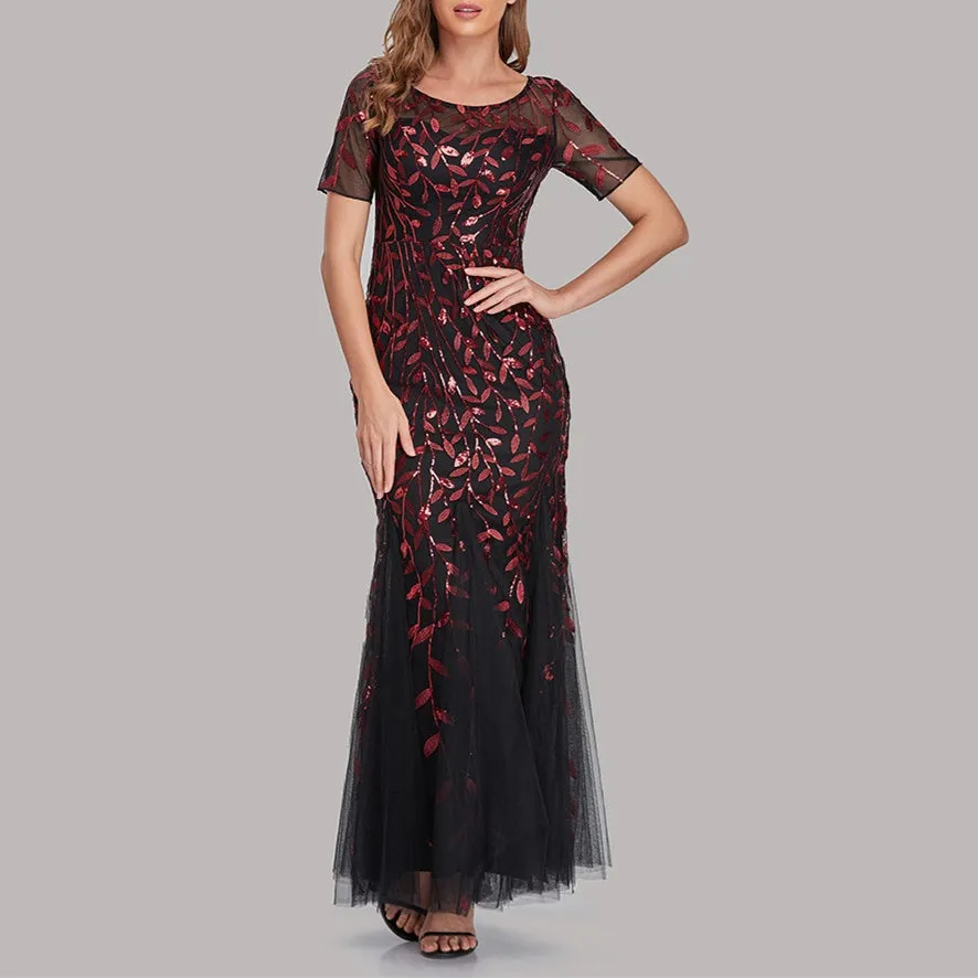 Premium flroal sequins mesh patchwork short sleeves mermaid maxi dress | Luxury evening gowns cocktail party dress