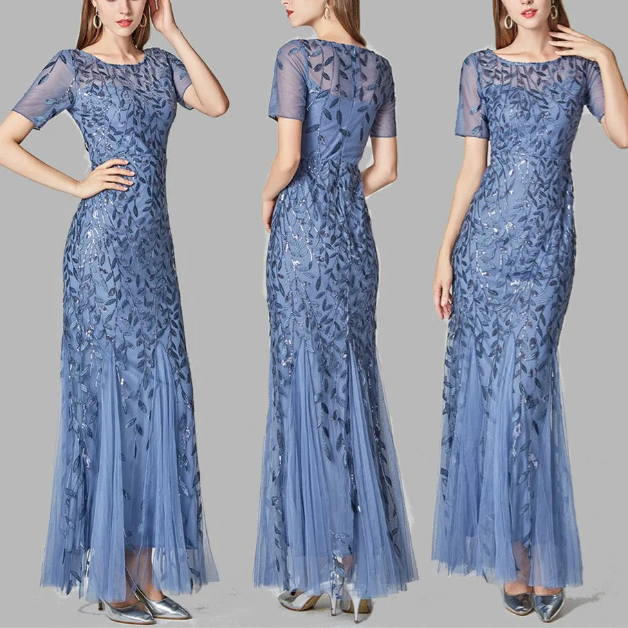 Premium flroal sequins mesh patchwork short sleeves mermaid maxi dress | Luxury evening gowns cocktail party dress