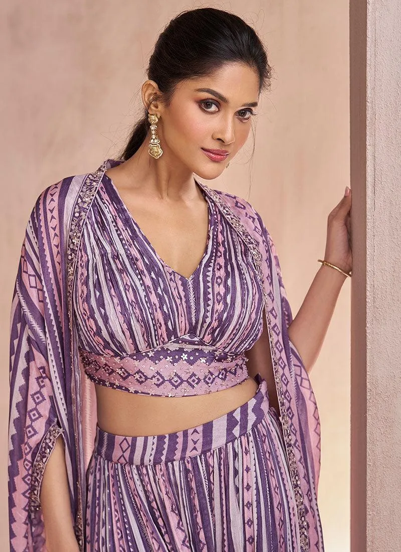 Purple Printed Sequins Embroidered Cape Style Top Palazzo Suit