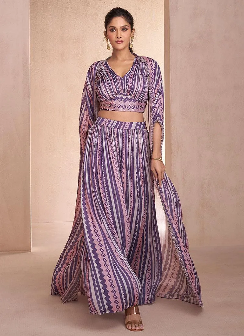 Purple Printed Sequins Embroidered Cape Style Top Palazzo Suit